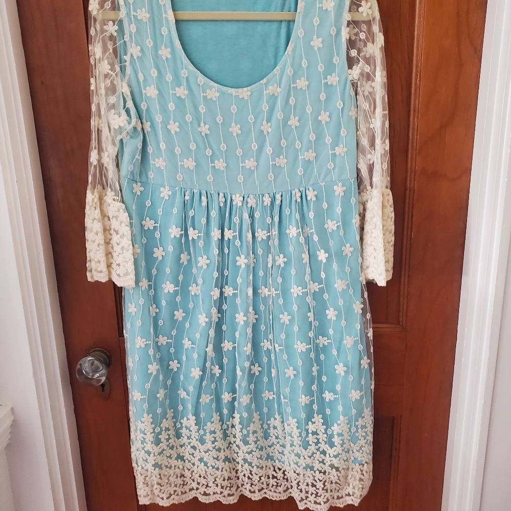 Cream Lace over Light Blue Dress